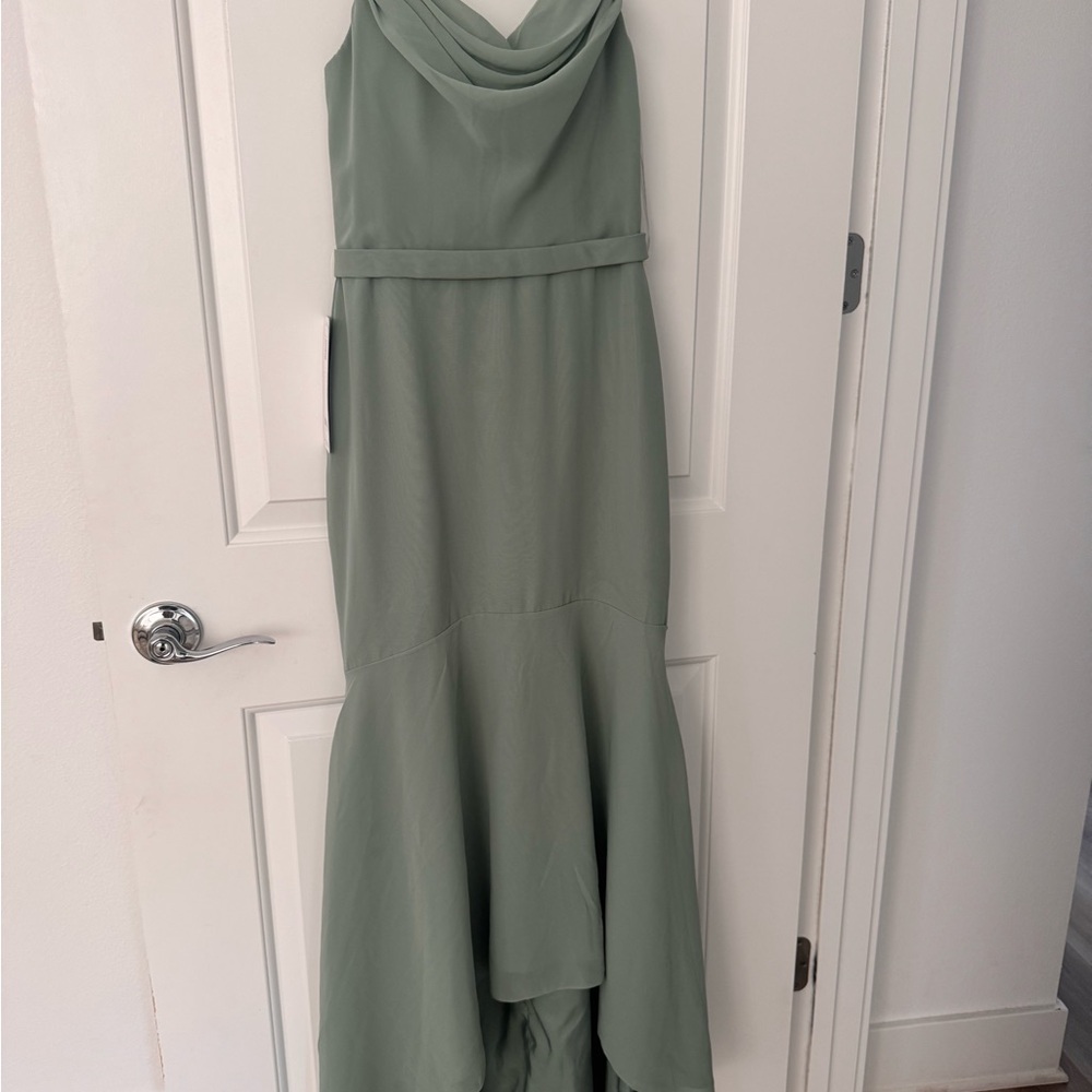 High-Low Cowl Neck Evening Dress in Sage Green